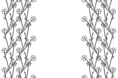 Line art botanical floral vertical border with meadow flowers isolated