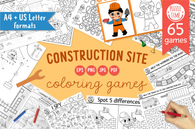 Construction site coloring games and activities for kids