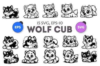 Cute lying wolf cub. SVG.