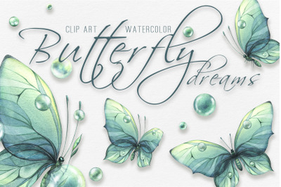 Turquoise Butterflies Watercolor clip art