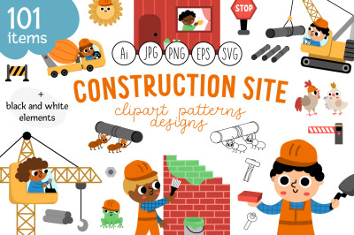 Construction site clipart, seamless patterns, designs collection