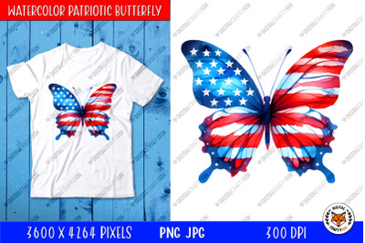 Watercolor Patriotic Butterfly PNG, 4th of July Sublimation