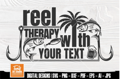 Reel Therapy Svg with Fish Hooks Palm Tree and Monogram