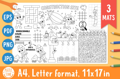 Construction site coloring activity play mats for kids