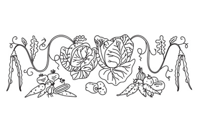 Line art botanical decorative different vegetables horizontal border