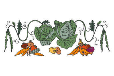 Botanical decorative different vegetables horizontal border pattern