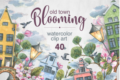 Old town spring watercolor clip art