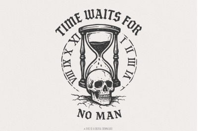 Time Waits For No Man Skull Hourglass PNG, Vintage Gothic PNG File, Mo