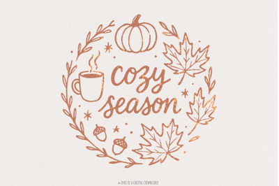 Cozy Season PNG, Autumn Leaves, Pumpkin, Hot Drink Fall Clipart, Cozy