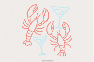Lobster And Martini PNG, Nautical Art, Coastal Party Shirt, Beach Bar