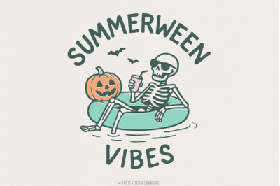 Summerween Vibes PNG, Skeleton Pool Float, Halloween Summer T-Shirt, P