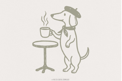 Dachshund Dog PNG Coffee Clipart, French Cafe Art, Minimalist Cute Dog