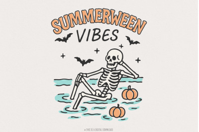 Summerween Vibes PNG, Skeleton Pool Halloween, Cute Spooky PNG, Summer