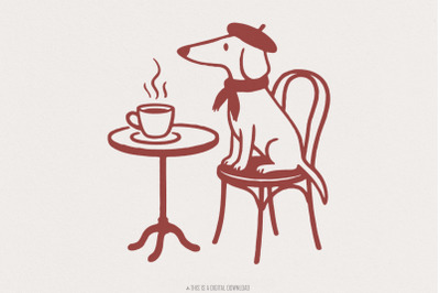 Dachshund Coffee PNG, French Dog Art, Digital Download, Paris Cafe Des