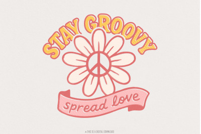 Stay Groovy Spread Love PNG, Retro Daisy Peace Sign PNG, 70s Hippie Di