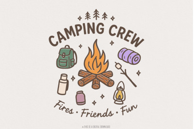 Camping Crew PNG, Fires Friends Fun, Outdoor Adventure Clipart, Hiking