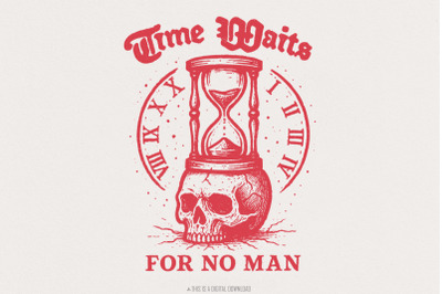 Time Waits For No Man PNG, Gothic Skull Art, Memento Mori Quote, Vinta