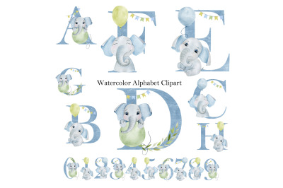 Watercolor alphabet with elephants.