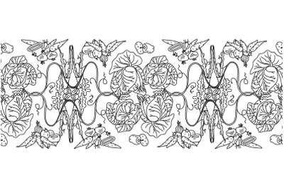 Line art botanical decorative different vegetables seamless border