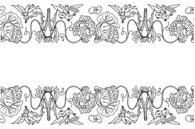 Line art botanical decorative different vegetables seamless border
