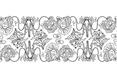 Line art botanical decorative different vegetables seamless  border