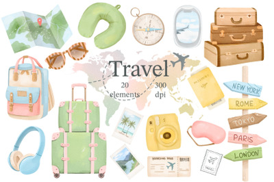 Travel Watercolor Clipart, Tourism Clipart
