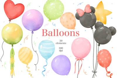 Colorful Watercolor Balloons Decor Clipart
