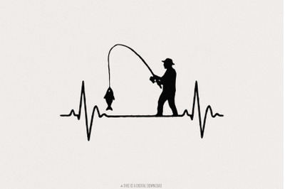 Fishing Heartbeat PNG&2C; Fisherman Silhouette Digital Download&2C; Fish Lov