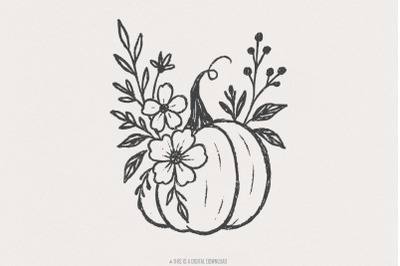 Pumpkin Floral PNG, Digital Download, Fall Flower Clipart, Autumn Pump