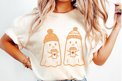 Cozy Ghost Coffee PNG, Cute Ghosts With Winter Hats, Autumn Coffee Art