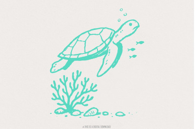 Sea Turtle PNG, Underwater Coral Illustration, Ocean Animal Art, Digit