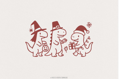 Dinosaur Holidays PNG, Cute Christmas Halloween Thanksgiving Dino Clip