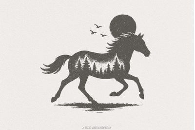 Wild Forest Horse PNG, Digital Download, Rustic Animal Art Print, Runn