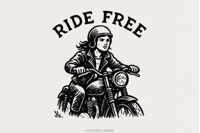 Ride Free PNG, Motorcycle Rider Digital Download, Biker Girl Art, Vint