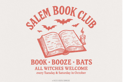 Salem Book Club PNG, Book Booze Bats, All Witches Welcome, Halloween D