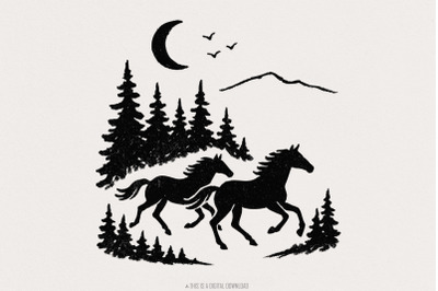 Wild Horses PNG, Forest Landscape Digital Download, Running Horse Art,