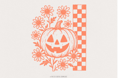 Pumpkin Floral PNG, Vintage Halloween PNG Digital Download, Checkerboa