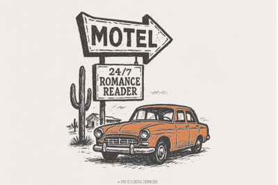 24&2F;7 Romance Reader Motel PNG&2C; Retro Car Art Digital Download&2C; Vintage