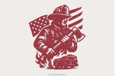 Firefighter PNG, American Flag Fireman Digital Download, Ax and Fire T