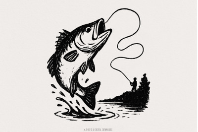 Large Mouth Bass PNG, Fishing Clipart, Trout Fisherman Art, Digital Do
