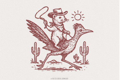Cowboy Ferret on Roadrunner PNG, Wild West Animal Art Digital Download