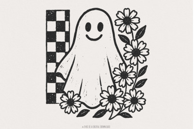 Smiling Ghost PNG, Black And White Floral Ghost Clipart, Checkerboard