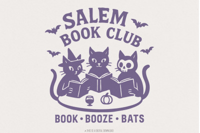Salem Book Club PNG, Book Booze Bats Digital Download, Halloween Cat A