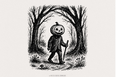 Pumpkin Head PNG, Spooky Halloween Digital Download, Vintage Scary Art