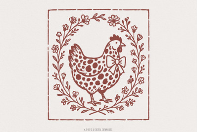 Rustic Chicken PNG, Farmhouse Hen with Bow PNG, Floral Animal Clipart,