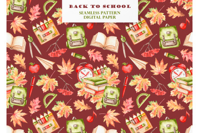 Back to school watercolor seamless pattern. Elementary school.
