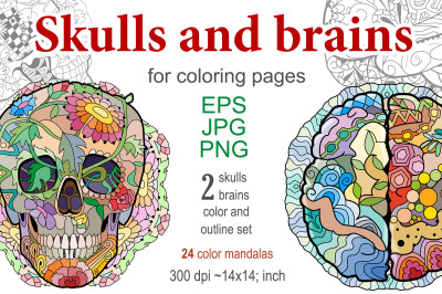 Decorative skulls and brains for coloring pages