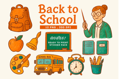 Back to School Hand Drawn Clipart and Stickers. School Supplies