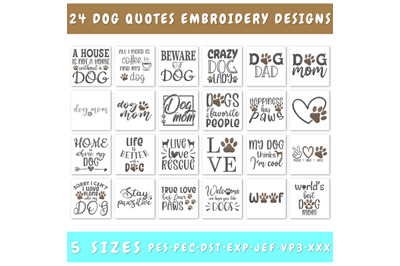 Dog Quotes Embroidery Designs Bundle - 24 Designs, Dog Lover PES