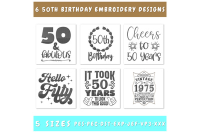 50th Birthday Embroidery Designs Bundle - 6 Designs, 50th Birthday PES